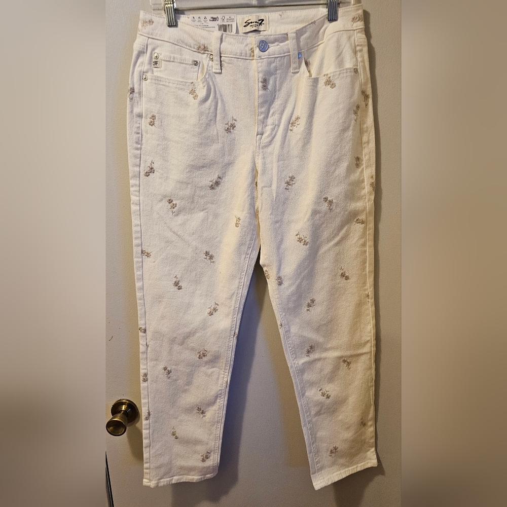 Seven7 90's Straight Jeans Cream Embroidered Women's Size 8‎